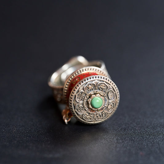 Tibetan silver prayer wheel ring