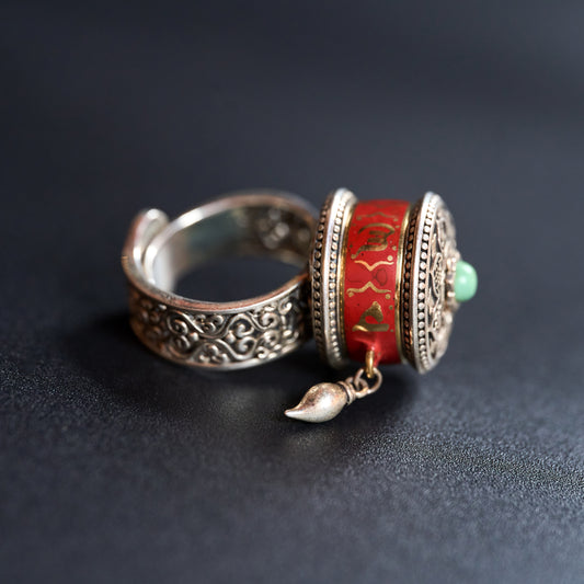 Tibetan silver prayer wheel ring