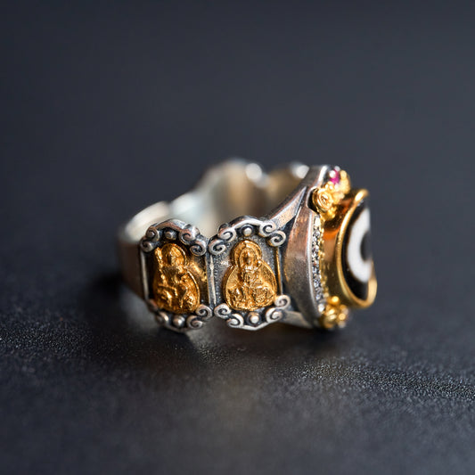 Tibetan Silver Dzi Bead Carved Buddha Ring
