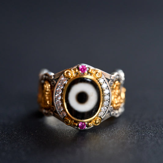 Tibetan Silver Dzi Bead Carved Buddha Ring