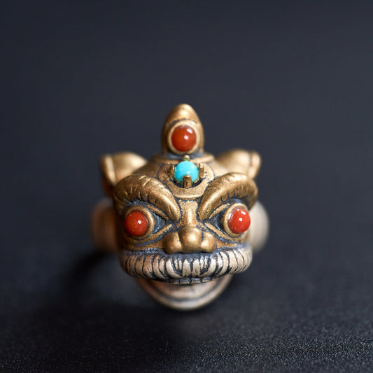 Tibetan silver lion head ring