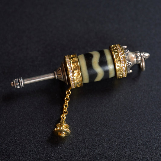 Dzi Bead Prayer Wheel Tibetan Silver Pendant