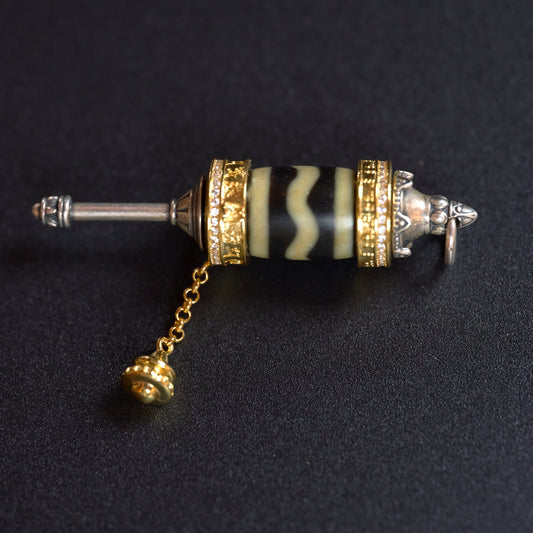 Dzi Bead Prayer Wheel Tibetan Silver Pendant
