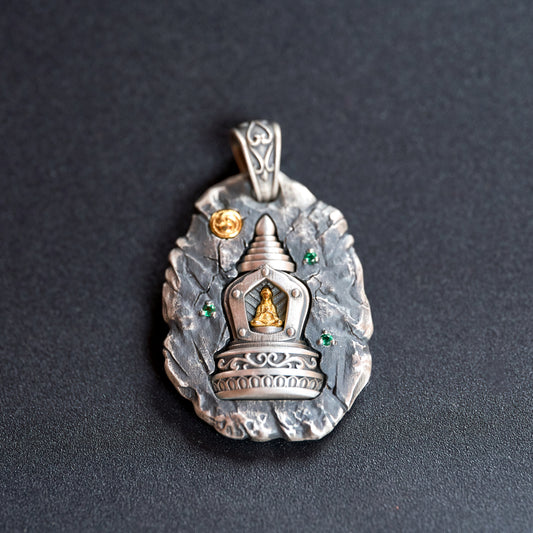 Tibetan silver stupa inlay pendant