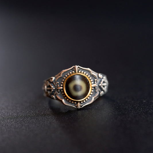 Tibetan silver inlaid dzi bead ring