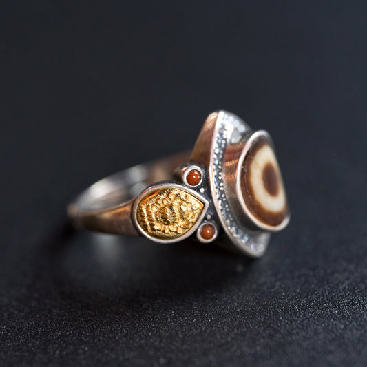 Tibetan Silver Gzi Bead Inlaid Ring